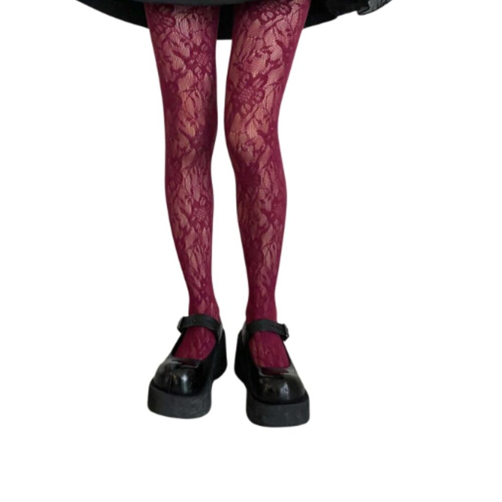 Burgundy Seamless Floral Fishnet Tights - Picture 4 of 5